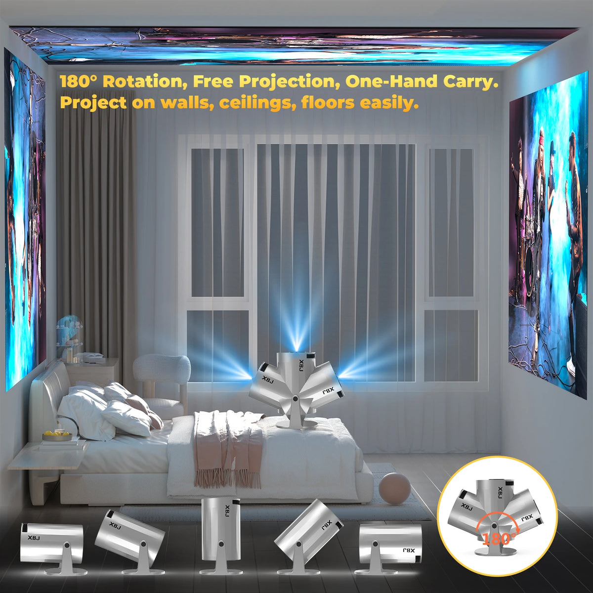 Mini-projecteur portable XBJ, couleur argent, 14 x 12 x 21,8 cm - Wi-Fi 6 et Bluetooth 5.2 - Android 11 - Décodage 1080p et 4K - Orientable à 180° - 200 lumens ANSI