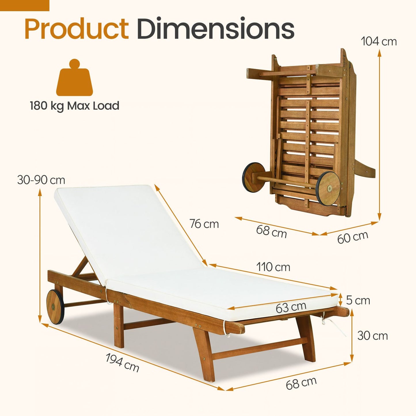 Chaise longue en bois Coast à dossier réglable - 194 x 68 x 30-90 cm - Beige/Naturel