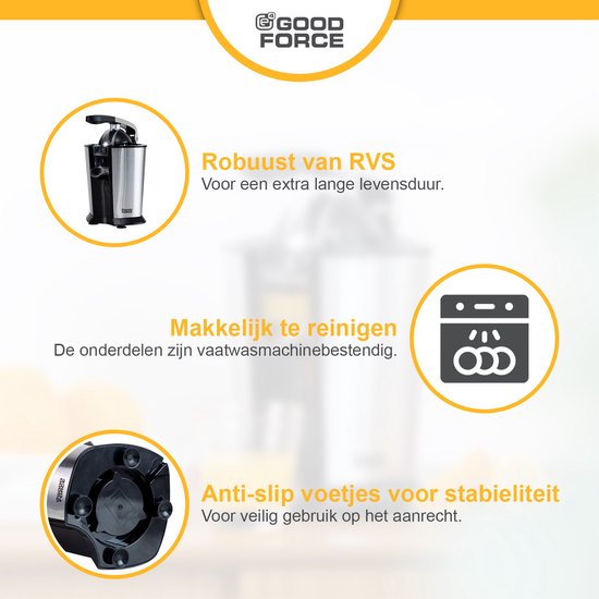 GoodForce Presse-agrumes - Presse-orange électrique - Presse-fruits - Presse-citron - Acier inoxydable - Poignée de presse