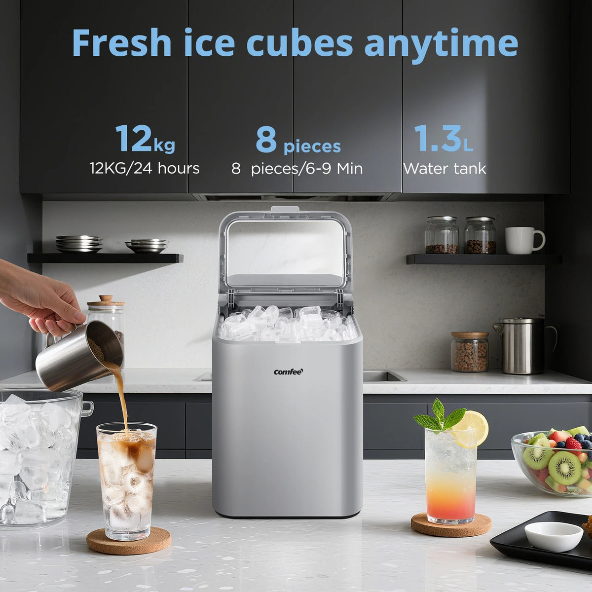 Machine à glaçons « Comfee » grise - 12 kg/24 h - Glaçons en 6 minutes - Autonettoyante
