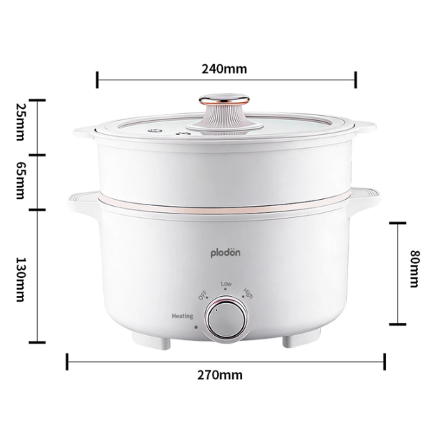Marmite électrique Plodon 2,4 L - Revêtement antiadhésif - 27 x 22 cm - Avec panier vapeur