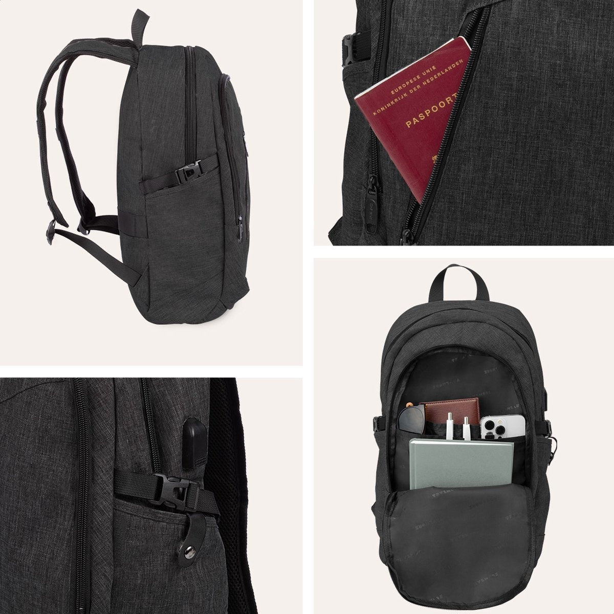 TRVLMORE Sac à dos - 25L - 15.6 inch - Sac à dos pour ordinateur portable - Sac d'école - Unisex - Splashproof Anthracite