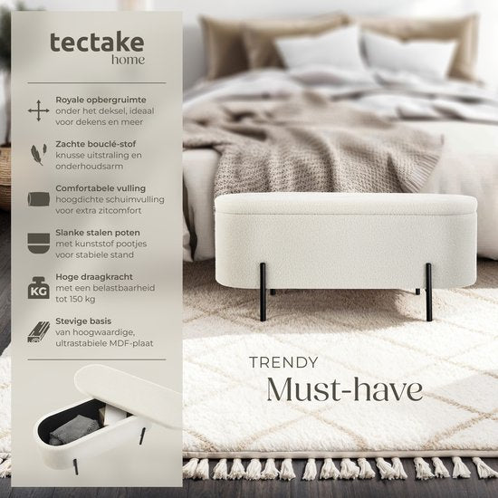 tectake® Banc avec rangement - Boîte de rangement rembourrée - Boîte d'assise avec rangement, rembourrée - Tissu Bouclé style scandinave - 97x36x42cm - blanc crème