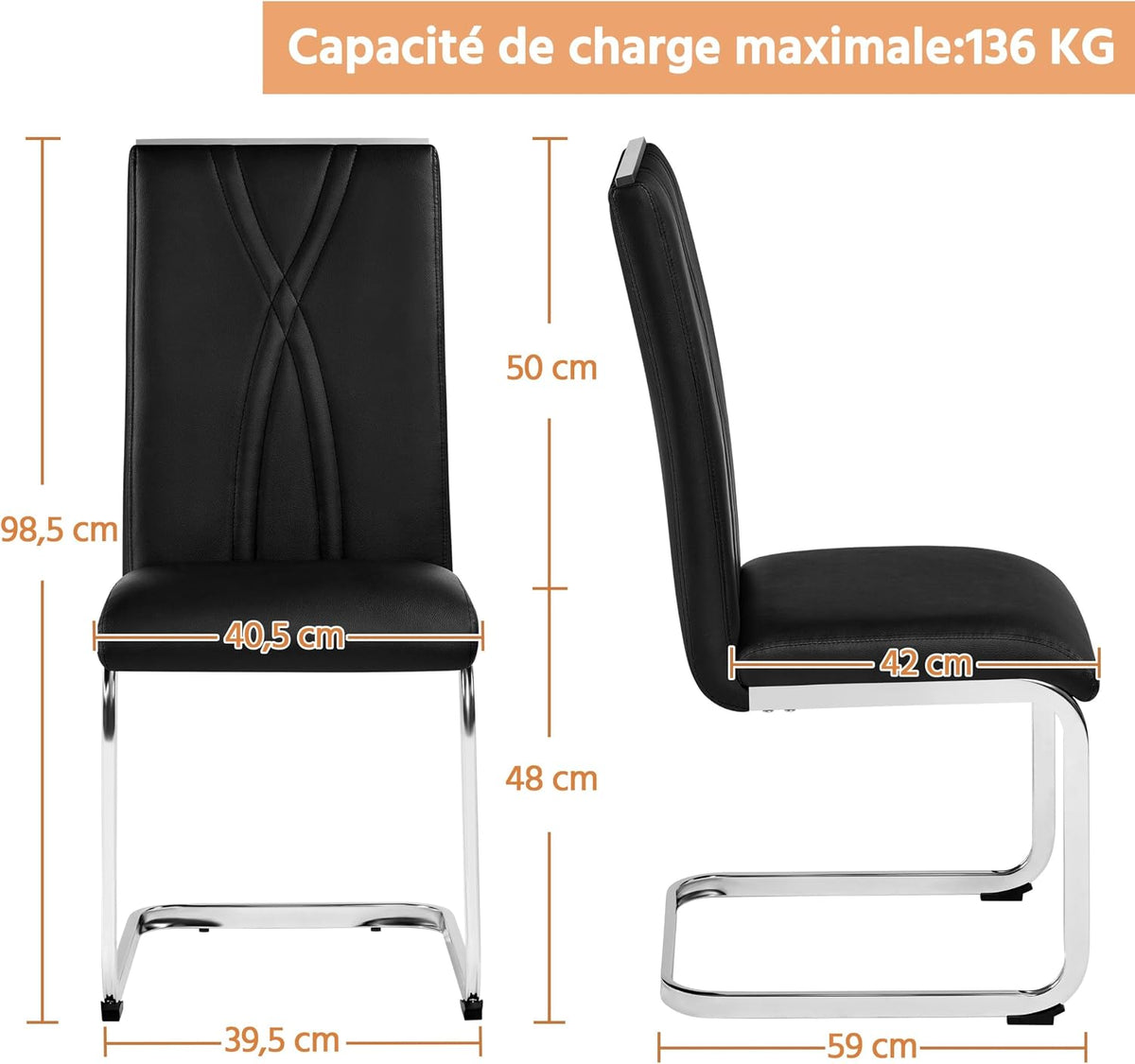 Yaheetech Ensemble de 2 chaises de salle à manger en simili cuir noir/blanc 60 × 60 × 100,5 cm