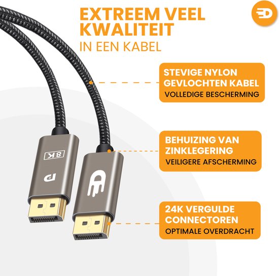 Drivv. Câble Displayport - 8K 60Hz - 4K 144 Hz - 32.4GBps - Displayport 1.4 - Câble DP - 2 mètres - Gris moderne