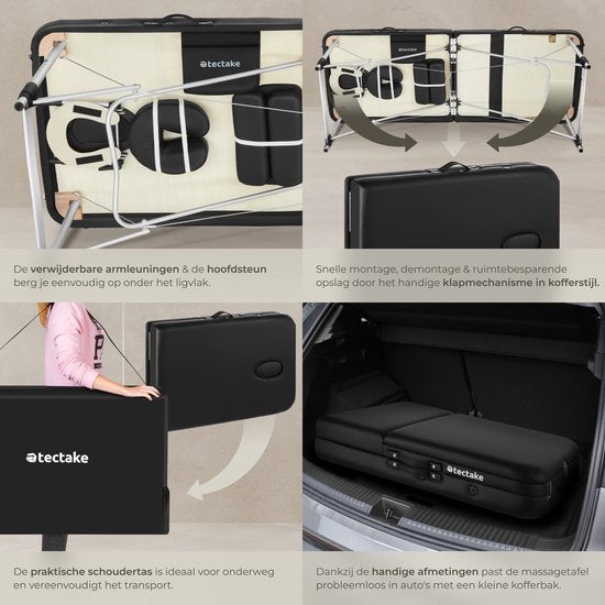 tectake® Table de massage à 3 zones - 70cm de large - Banc de traitement avec rembourrage de 5cm d'épaisseur et cadre en aluminium - 15 lingettes pour appui-tête et sac de transport inclus - Capacité de charge maximale de 230kg - Noir
