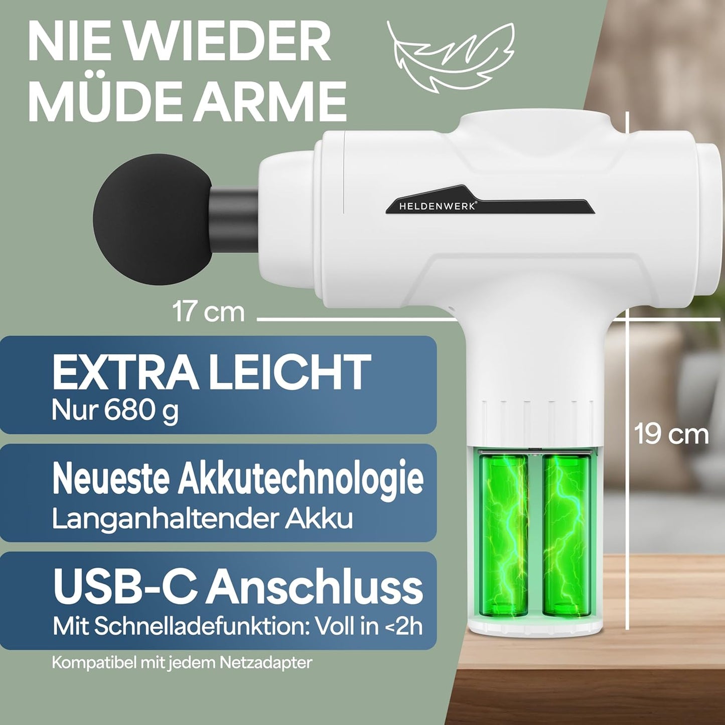 HELDENWERK Pistolet de massage actif - 30 vitesses - 6 têtes de massage - silencieux - rechargeable par USB-C - écran tactile LCD - étui de rangement inclus - blanc