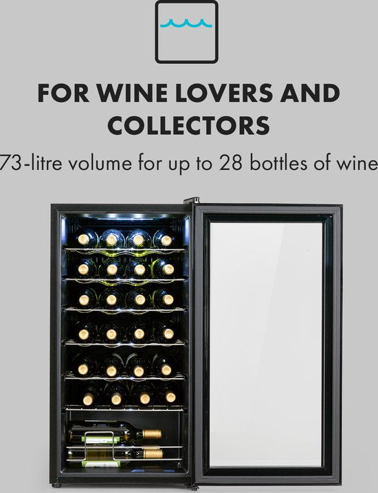 Cave à vin Klarstein Shiraz 28 Uno - 74 litres - Capacité de 28 bouteilles - Commande tactile - Plage de température : 5-18 °C - Noir