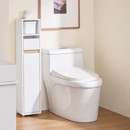 SoBuy BZR151-W Armoire de toilette pour espaces étroits, armoire de rangement compacte avec étagère et tiroir réglables, pour salle de bain, armoire de toilette en bois, blanc, 20 x 20 x 96 cm
