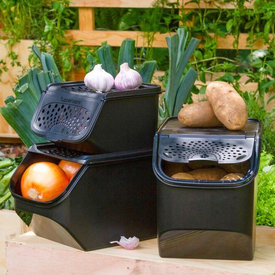 Ensemble Tupperware - PotatoSmart 8,3 L, OnionSmart 5,5 L et GarlicSmart 2,3 L - Récipients innovants pour pommes de terre, oignons et ail, assurant une circulation optimale de l'air - Conception empilable - Lavables au lave-vaisselle