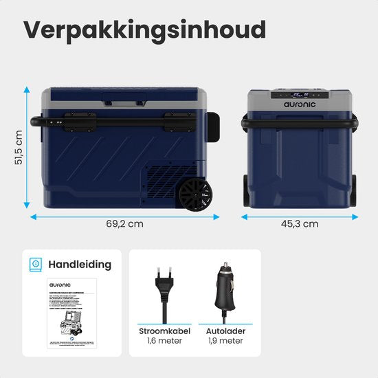 Auronic Glacière Électrique à Compresseur 12V et 230 Volts - Congélation et Refroidissement - Glacière à Roulettes - 49L - Bleu