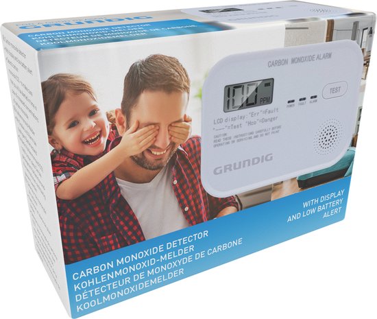 Détecteur de CO Grundig - Détecteur de monoxyde de carbone avec batterie de 10 ans - Compteur de CO avec écran LCD, alarme de niveau de batterie faible et alarme d'erreur de capteur - Détecteur de Co2 avec alarme 85dB - Montage mural - Blanc