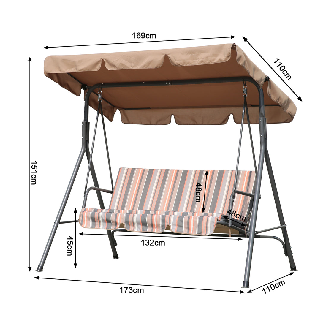 Balançoire de jardin Angel Living 3 places - avec pare-soleil réglable - Kaki - 169 x 110 x 151 cm