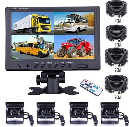 Strex Set de caméras de recul filaire avec 4 caméras (vue simultanée) - écran 9" - vision nocturne 18LED 15m - IP67 Waterproof - Caméra de recul