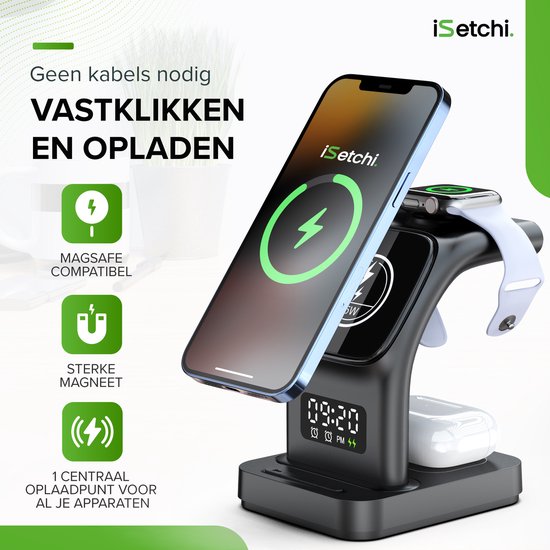 iSetchi MagSafe 5-in-1 Wireless Charger (15W USB-C fast charger) - Avec lampe LED, horloge numérique et fonctions d'alarme - Convient pour iPhone, Apple iWatch et Airpods - Station Qi sans fil - Chargeur GSM