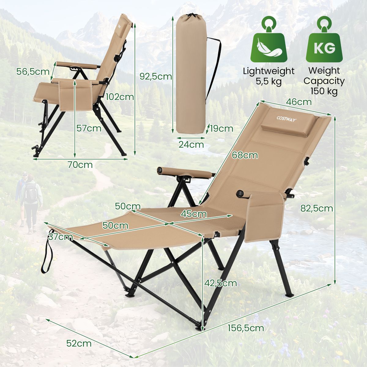 Chaise de camping pliable Coast avec repose-pieds - dossier réglable sur 4 positions - poche latérale et coussin - kaki