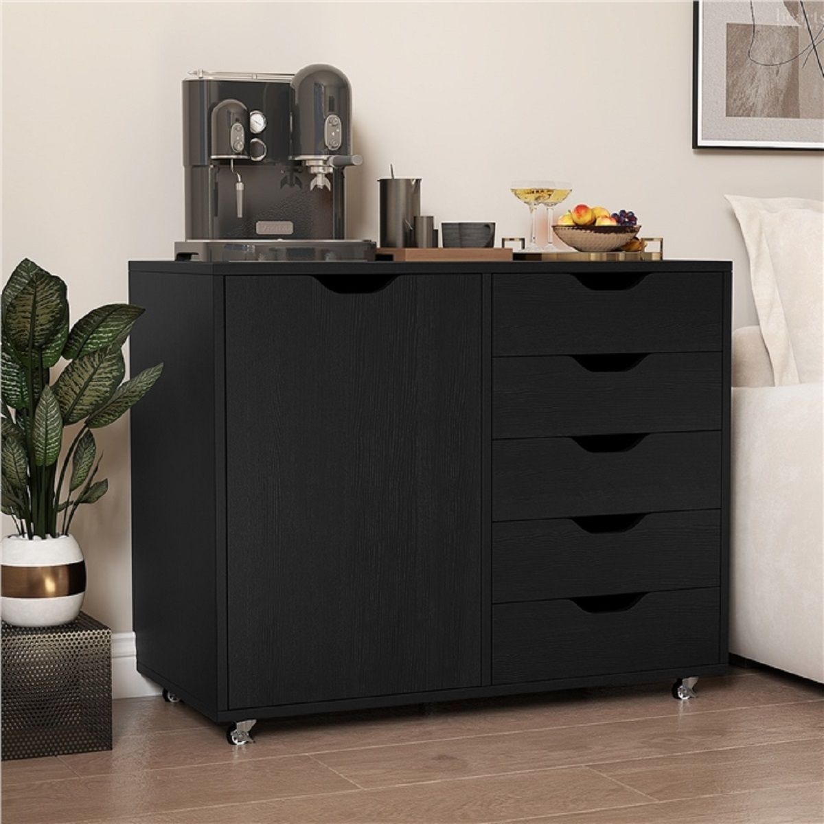 Caisson à roulettes Coast à 5 tiroirs - avec porte et plan de travail - à roulettes - noir - 79 x 39 x 65 cm