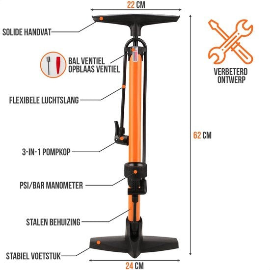 Pompe à vélo Strex - Manomètre - 11 Bar - Pompe à bille - Orange