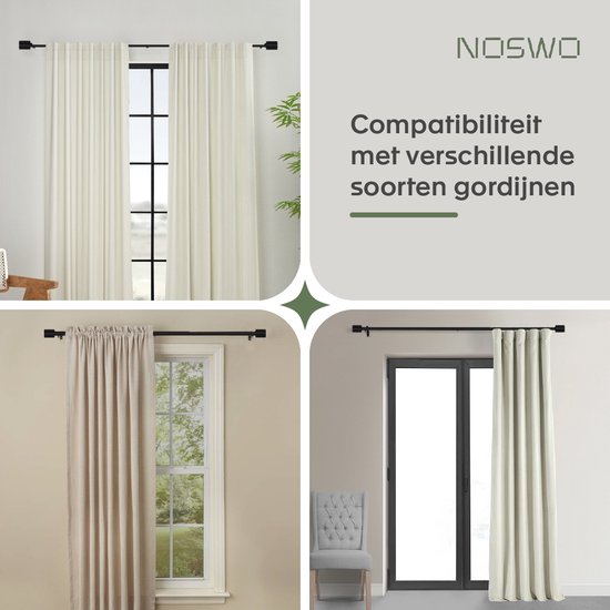 Noswo Tringle à rideaux - Extensible - 183 à 366 cm - Tringle à rideaux - Tringle à rideaux complète - Métal - 300cm - Noir