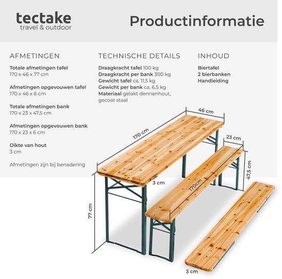 tectake® - Table à bière avec 2 bancs - 8 personnes - 170 cm de long - Ensemble de table à bière 3 pièces avec table pliante et bancs - Table de jardin - Banc à bière Oktoberfest