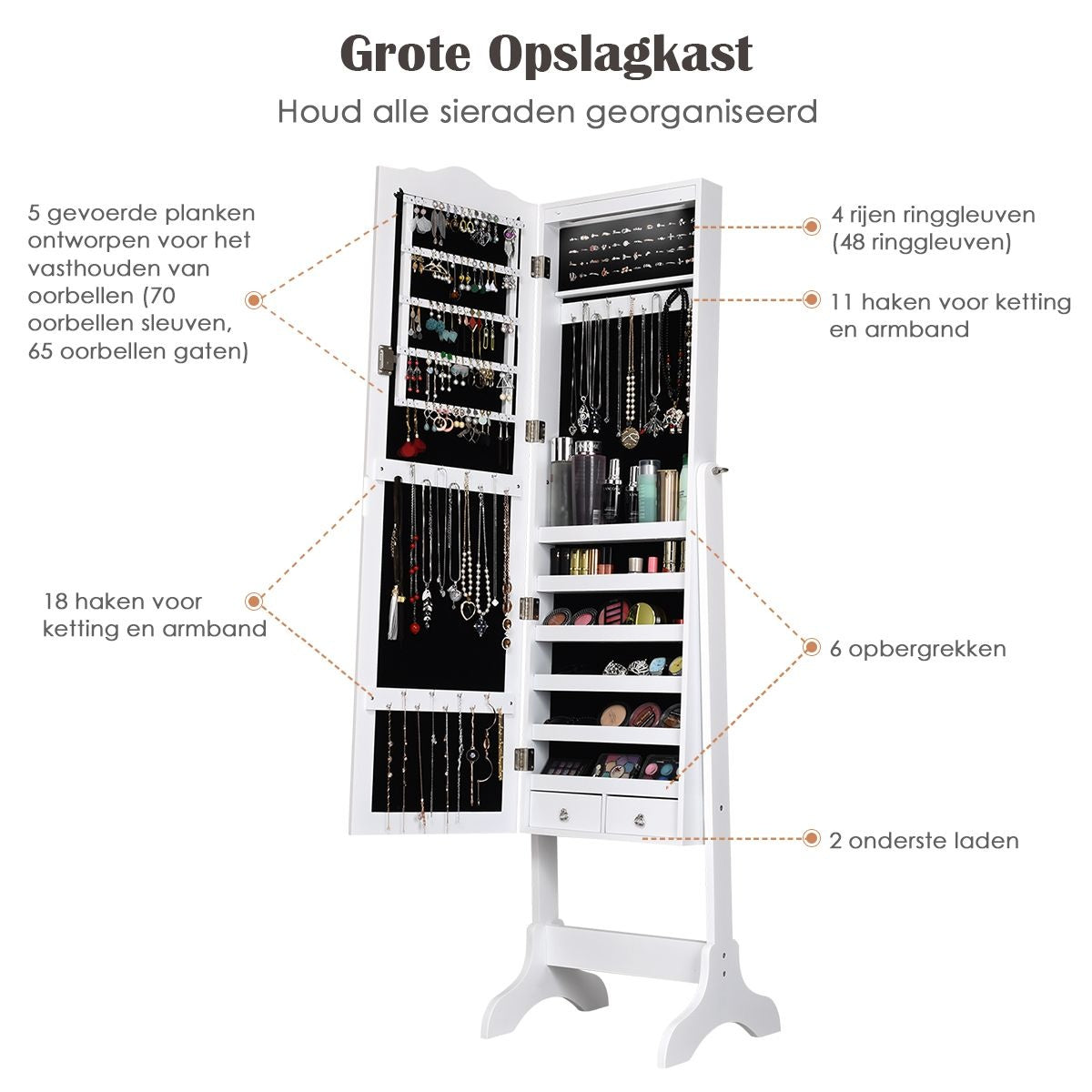 Coast armoire à bijoux - 12 lampes Led - avec miroir - inclinable - avec tiroirs - 41,5 x 37 x 160 cm - blanc