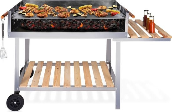 Barbecue au charbon de bois avec table - BBQ collection - Réglable en hauteur - 98 x 56 x 85 cm - noir/bois