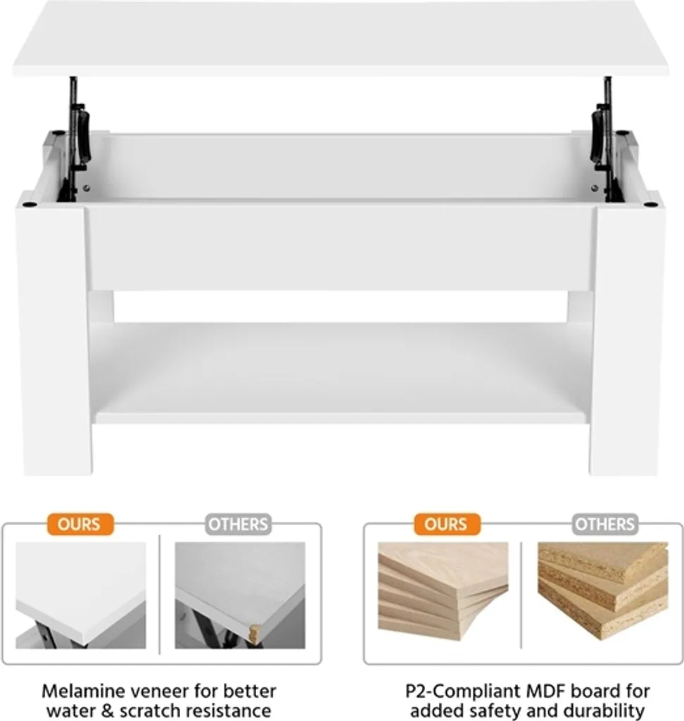 Table basse Yaheetech à plateau réglable 98 x 50 x 41,8 cm - Blanche - Table basse escamotable à levage vertical avec espace de rangement