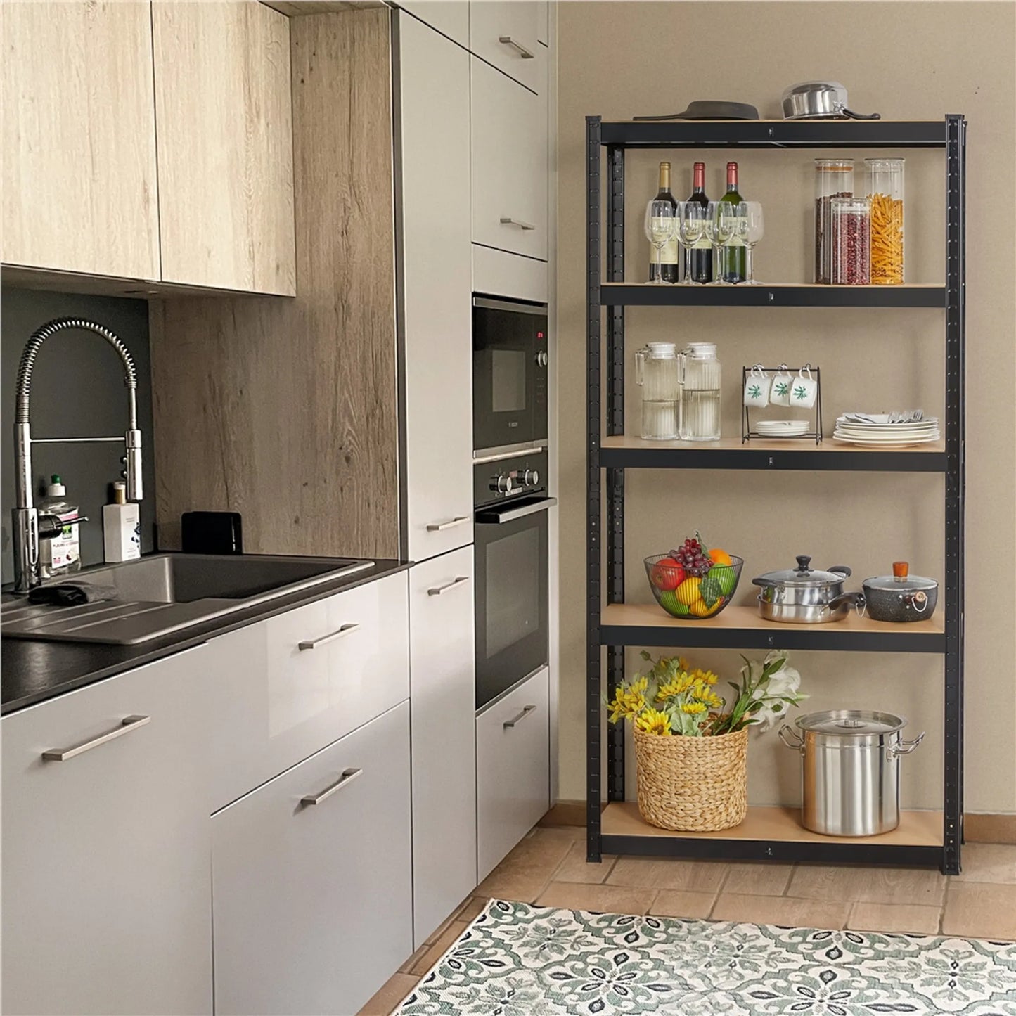 Yaheetech Armoire à rayonnages avec 5 étagères - 90 x 30 x 180 cm - équipée de niveaux réglables en MDF, d'un système de fixation sans vis et de renforts d'angle - pour garage, entrepôt et cave - métal noir et MDF E1