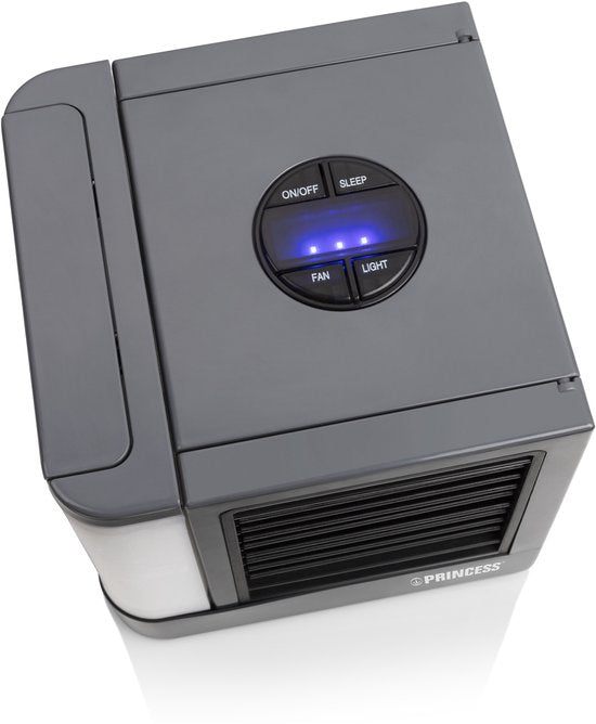 Princess 355500 Premium Mini climatiseur 14,2 x 14,2 x 14,8 cm – Climatiseur portable pour bureau ou chambre à coucher – Refroidisseur d'air USB-C, éclairage LED 7 couleurs, filtre d'évaporation d'eau amovible, refroidisseur personnel, compact pour la mai