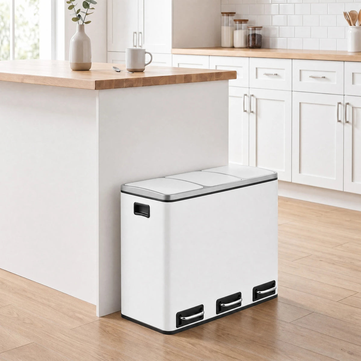Poubelle de cuisine Joyfurnos 3 x 18 L - Tri sélectif avec pédale - Couvercle à fermeture douce - 61 x 31,5 x 55,5 cm - Blanc