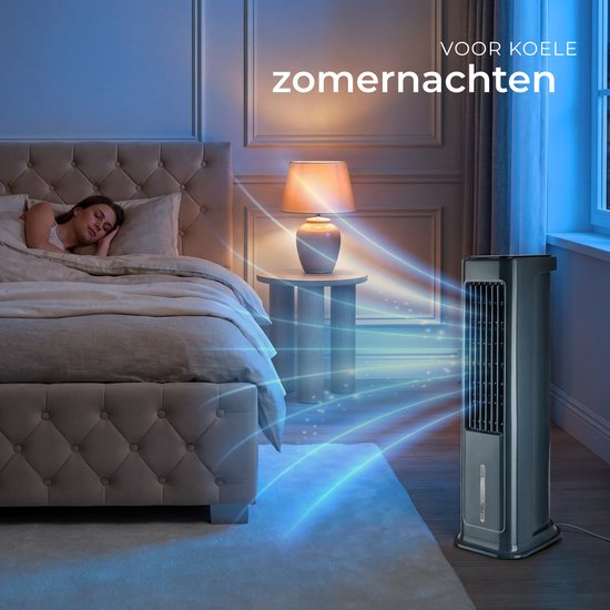 tectake® Refroidisseur d'air 4-en-1 Alaska - Réservoir d'eau de 5 L - 3 réglages - Refroidisseur d'air - Climatiseur avec fonction d'oscillation - Minuterie - Télécommande - Éléments de refroidissement - Humidificateur - Ventilateur - Purificateur d'air -