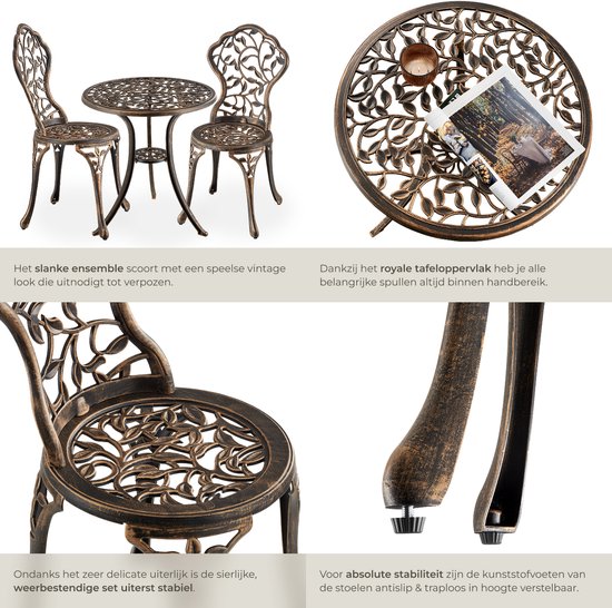 tectake® Ensemble bistro 2 personnes - Table bistro vintage avec 2 chaises bistro - Ensemble bistro en aluminium pour le jardin, la terrasse ou le balcon - Résistant aux intempéries - Couleur bronze