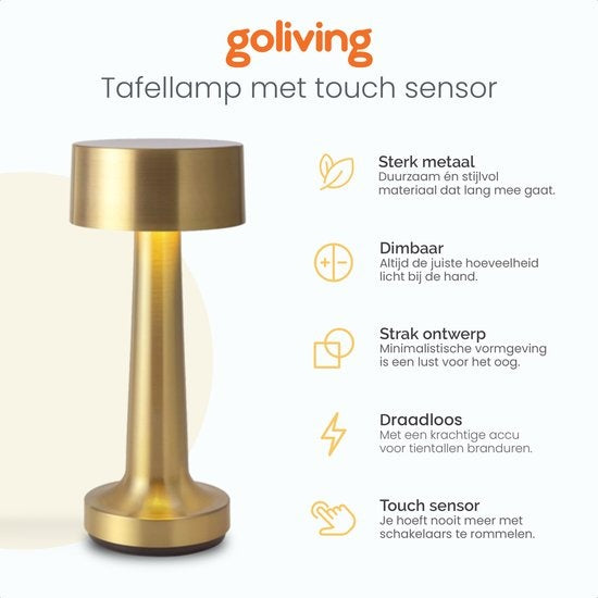Goliving Lampe à poser Rechargeable - Sans fil et dimmable - Lampe tactile moderne - Lampe de nuit pour chambre à coucher - 21 cm - Or