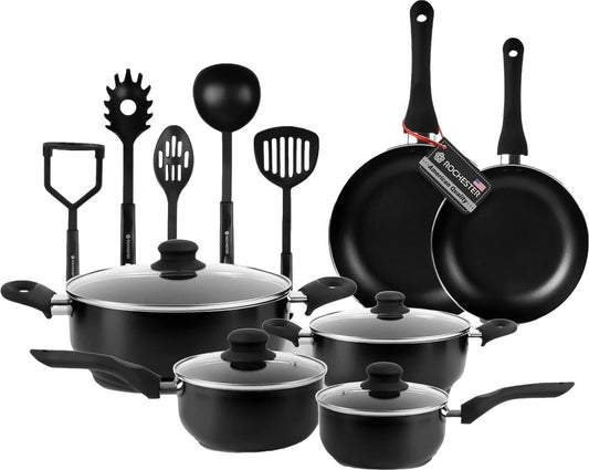 Rochester 18-piece Pots Set with Lids - Cooking Pots - Frying Pans Steal Pans - Aluminium - Black