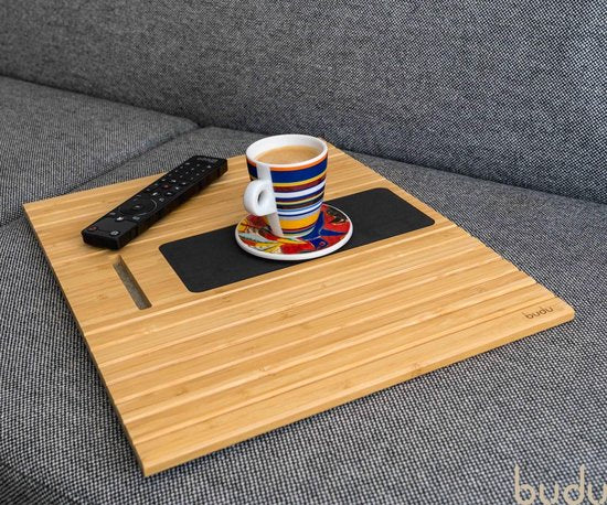 Budu Plateau d'accoudoir pour canapé - Flexible - Organisateur d'accoudoir - Bois de bambou - Antidérapant - Porte-téléphone