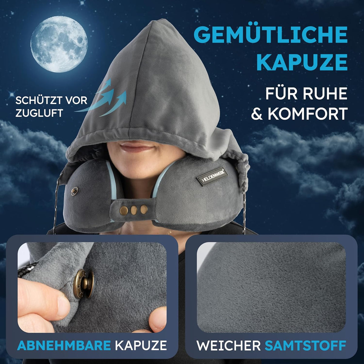 Heroism Oreiller de cou - Avec capuche - Réglable dans 6 directions - Lavable - Gris