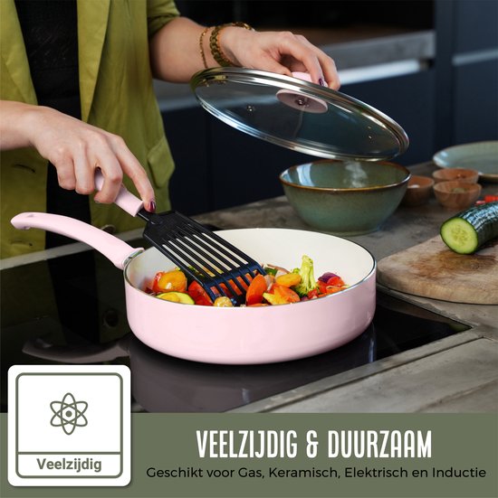 COOCK Poêle Wok Induction 32cm - Revêtement spécial antiadhésif - Poêle à frire avec couvercle - Aluminium recyclé - Rose clair/blanc - Livre électronique inclus