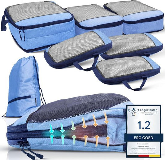 Packing Cubes Set of 7 - avec compression pour valise et sac à dos incl. sac d'emballage, Mariner's Azure - Blue