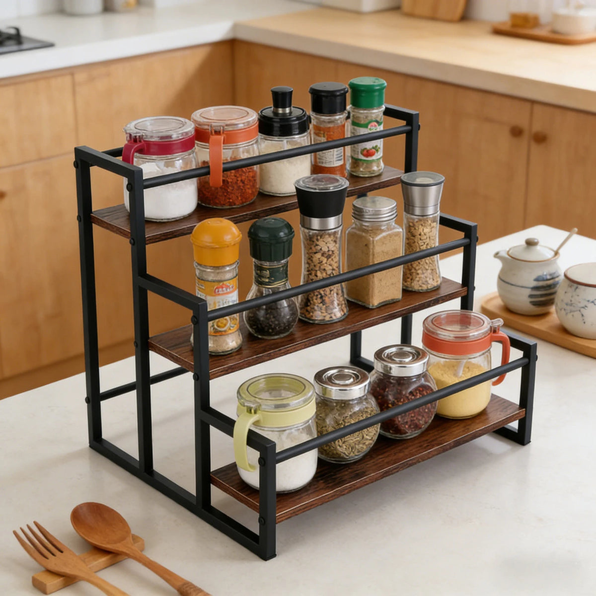 SRD : Support de table à plusieurs étages pour sirops et épices, lot de 2 – Noir – Métal