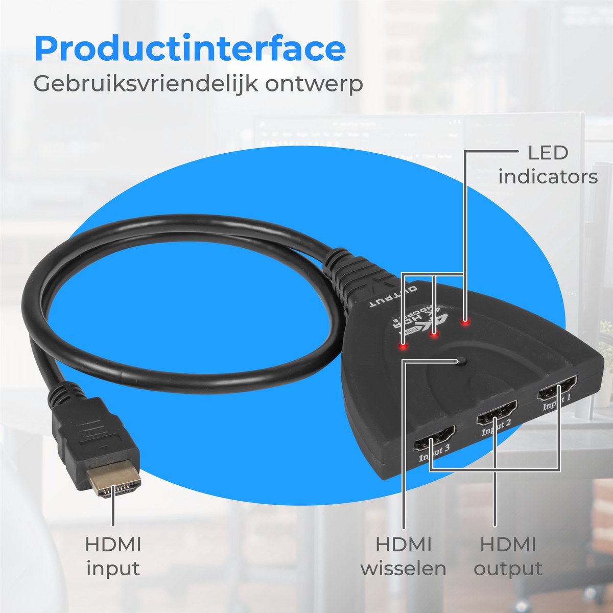 Commutateur HDMI Nuvance - 3 entrées, support 4K 60Hz - 60 cm - Noir