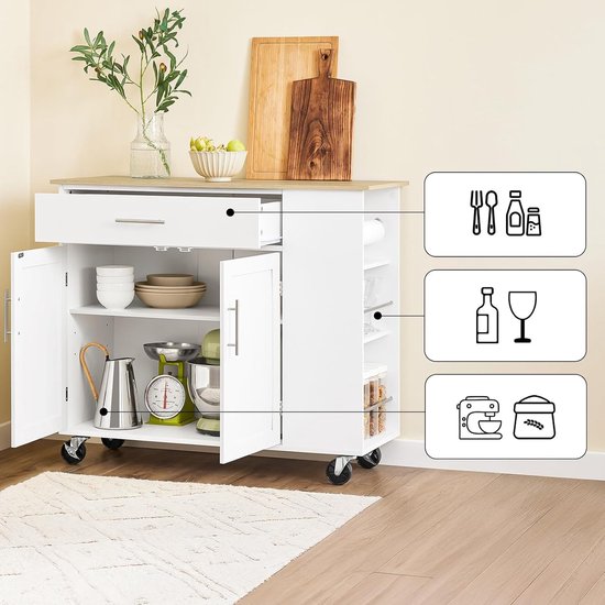 SoBuy îlot de cuisine mobile - chariot de cuisine - armoire de cuisine sur roulettes - pour salle à manger ou cuisine, blanc 99x40x85 cm FKW133-WN