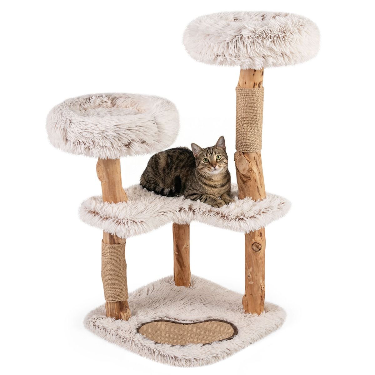 Arbre à griffer Coast en bois massif - avec coussins en peluche - deux poteaux en jute - naturel et blanc - 48 x 48 x 101 cm