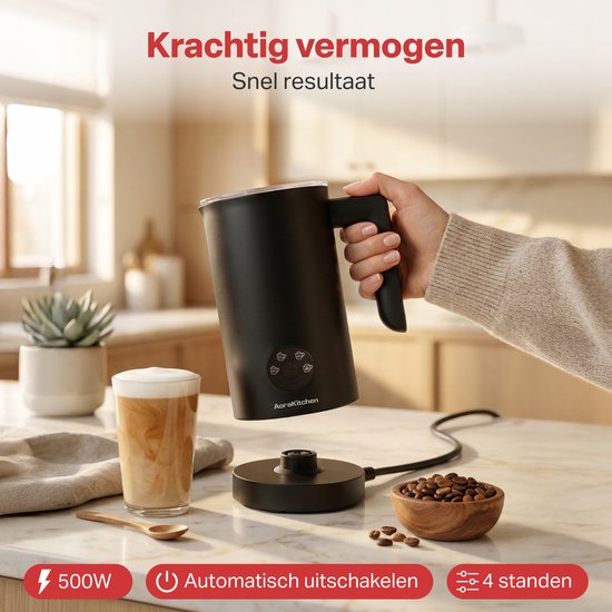 Mousseur à lait AoraKitchen - 300 ml - Mousseur à lait - Acier inoxydable - Électrique - 4-en-1 - Revêtement antiadhésif - 500 W
