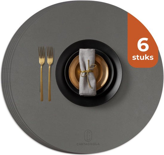 Sets de table Castagnola aspect cuir - Sets de table ronds - Sets de table antidérapants en cuir artificiel - Dessous de verre hydrofuge - Dessous de verre - 6 pièces - Diamètre 38 cm - Gris