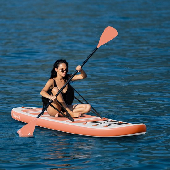 LifeGoods PaddlePro SUP Board - avec siège - Planche à pagaie gonflable - Ensemble complet - Max. 135KG - 320x81cm - Blanc/Orange