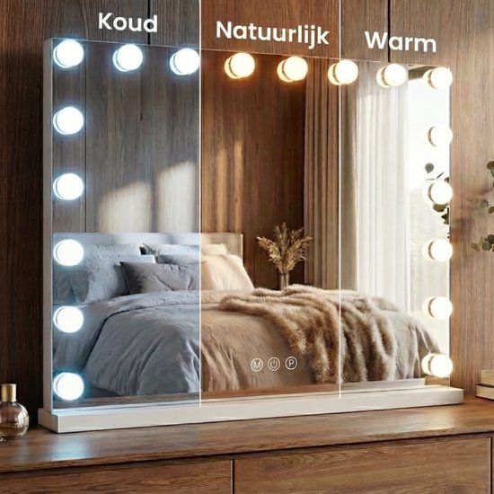 Miroir Bayt Hollywood - Miroir de maquillage - Miroir - Miroir Hollywood 80 x 60 - Intensité réglable - Grossissement 10x - Avec éclairage et Bluetooth - Port USB - 80 x 60 - Blanc
