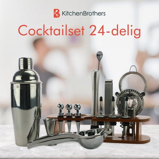 KitchenBrothers Set à cocktail avec shaker - 25 pièces - Set de luxe - Emballage cadeau - Marron clair/Bambou