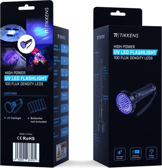 TIKKENS Lampe UV XXL - Lampe de poche UV - 100 LEDs Ultraviolet - Lampe de poche à lumière noire - Détecteur d'urine, de fausse monnaie, d'autres taches - 395nm