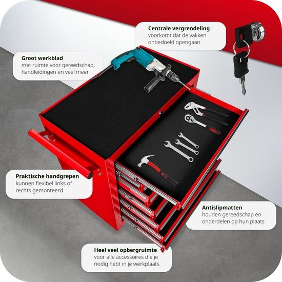 tectake® - Chariot à outils avec 7 tiroirs - chariot d'atelier, atelier mobile, chariot à outils vide, boîte à outils, 7 tiroirs, 69 x 33 x 79 cm, roues avec frein, incl. 2 clés - rouge