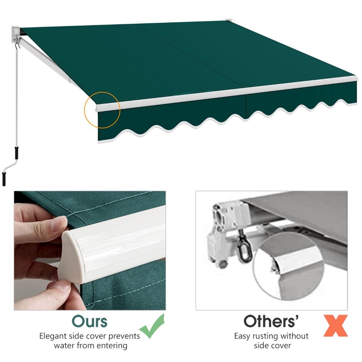 Coast Sunshade 295x250 cm Green - Extension manuelle, Angle réglable 40°-100°, Pas de perçage, Cadre en aluminium